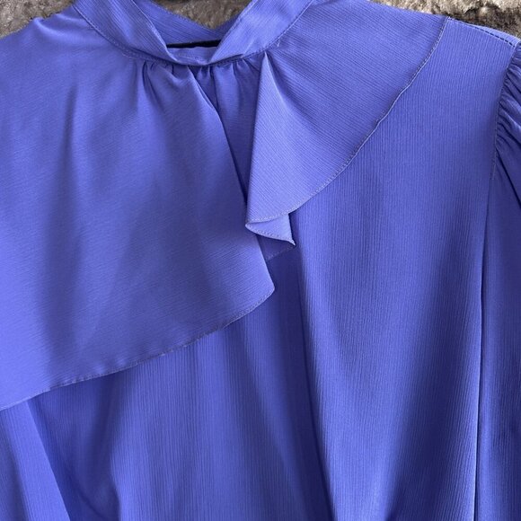 Vintage 80s Purple High Neck Ruffle Modest Secretary Blouse Size 5 Puffy Sleeves - Picture 6 of 9
